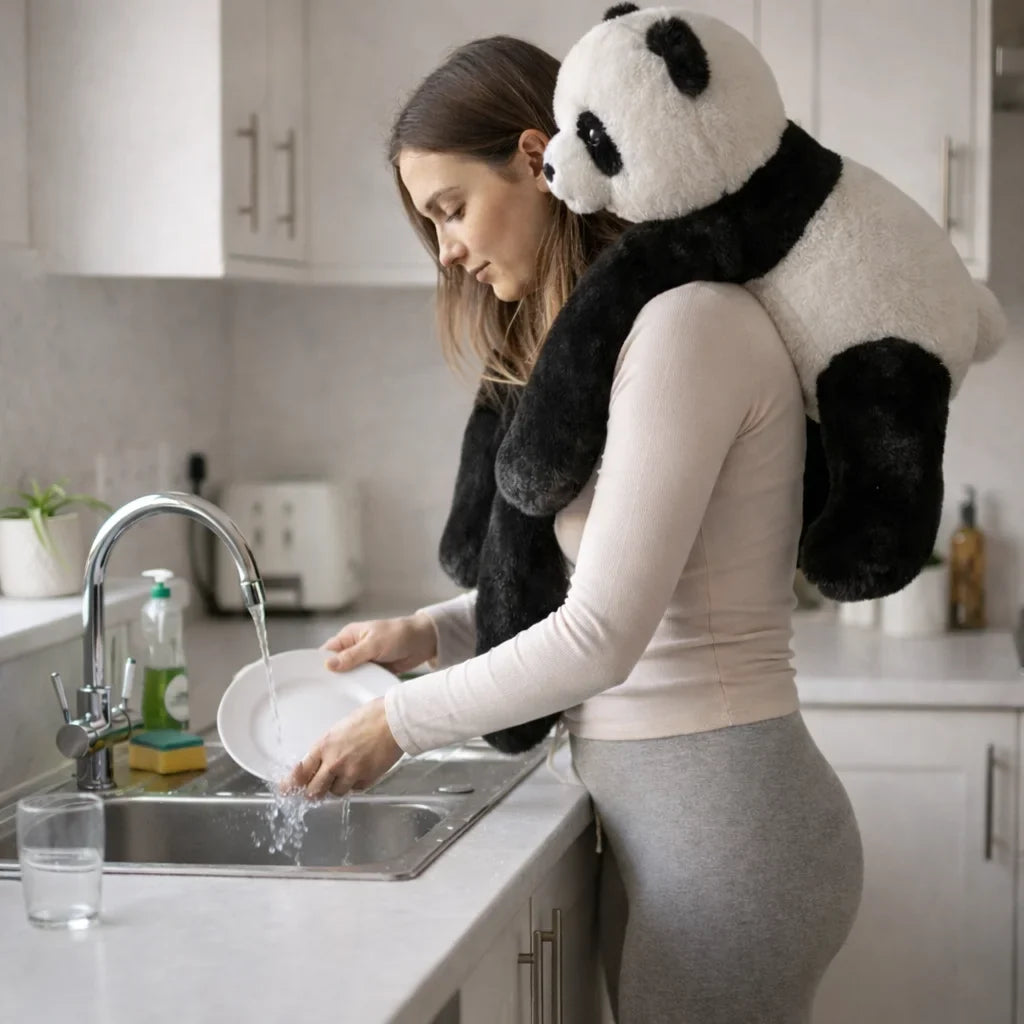 Woman in kitchen washing dishes with panda plush toy on her back